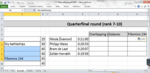 A table of participants, puzzles and starting times for the quarter final.