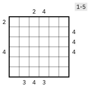 A practice puzzle for the type Skyscrapers with Mirrors from WPC 2018.